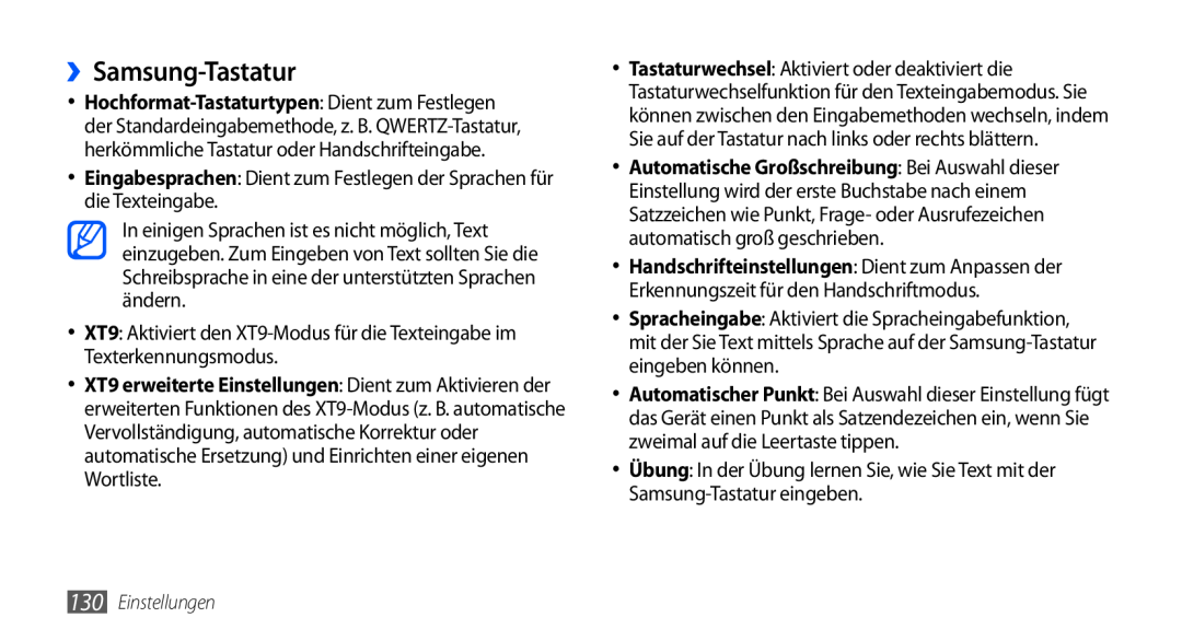 Samsung GT-I9000HKAVIA manual ››Samsung-Tastatur, Eingabesprachen Dient zum Festlegen der Sprachen für die Texteingabe 