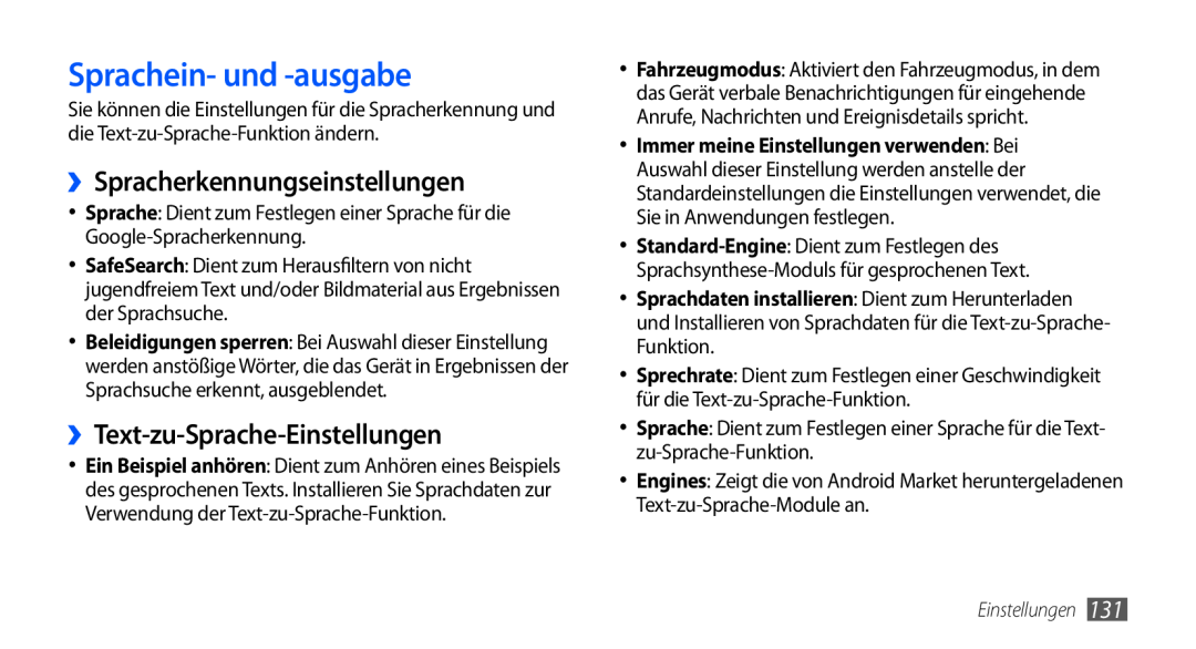 Samsung GT-I9000RWYATO manual Sprachein- und -ausgabe, ››Spracherkennungseinstellungen, ››Text-zu-Sprache-Einstellungen 
