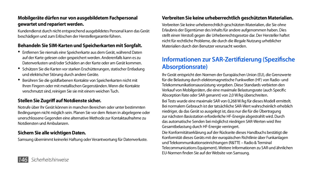 Samsung GT-I9000HKDEPL Informationen zur SAR-Zertifizierung Spezifische Absorptionsrate, Sichern Sie alle wichtigen Daten 