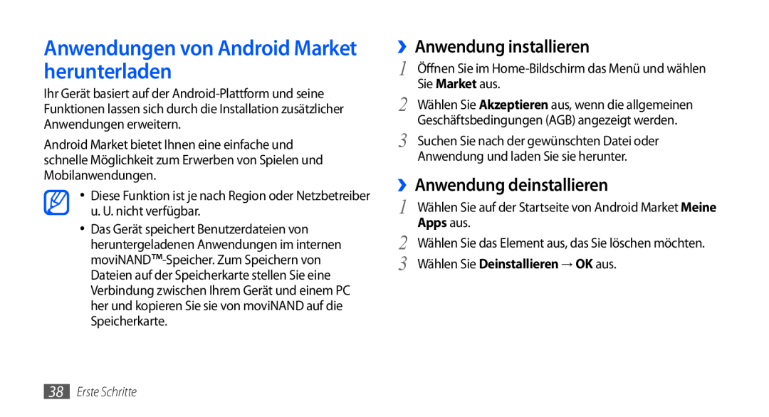 Samsung GT-I9000HKDEUR Anwendungen von Android Market herunterladen, ››Anwendung installieren, ››Anwendung deinstallieren 