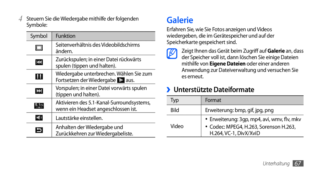 Samsung GT-I9000HKDEUR, GT-I9000HKYDRE, GT-I9000HKDEPL, GT-I9000HKDDTM, GT-I9000RWYEUR Galerie, ››Unterstützte Dateiformate 
