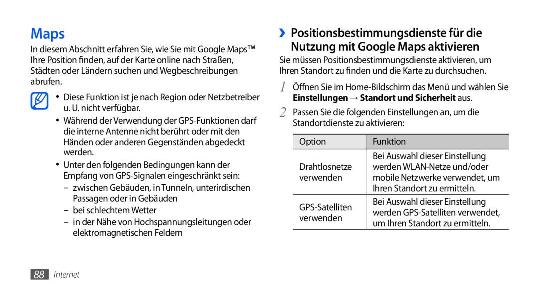Samsung GT-I9000HKDEPL manual ››Positionsbestimmungsdienste für die, Nutzung mit Google Maps aktivieren, Drahtlosnetze 