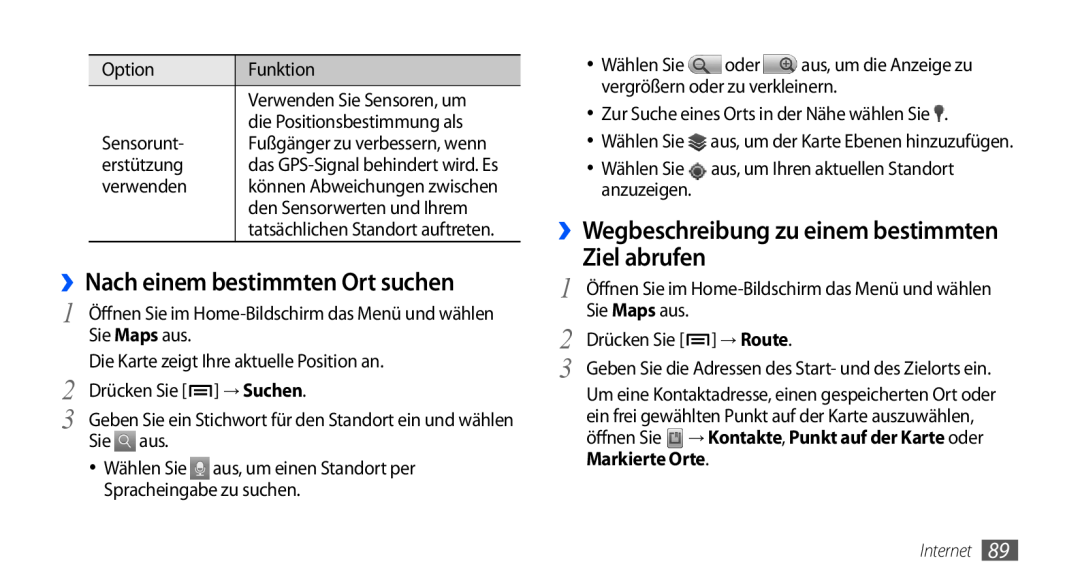 Samsung GT-I9000HKDDTM manual ››Nach einem bestimmten Ort suchen, Ziel abrufen, ››Wegbeschreibung zu einem bestimmten 