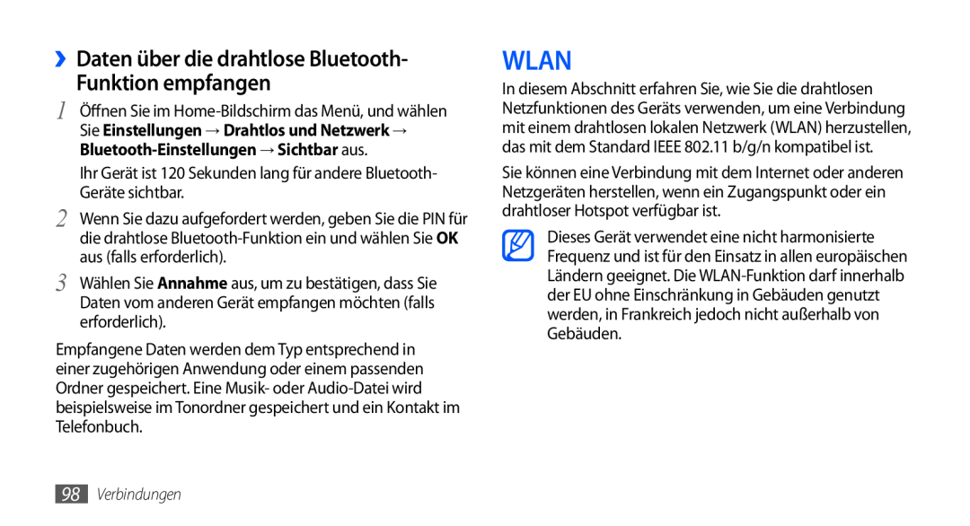 Samsung GT-I9000HKYITV manual Wlan, ››Daten über die drahtlose Bluetooth Funktion empfangen, Geräte sichtbar, Verbindungen 