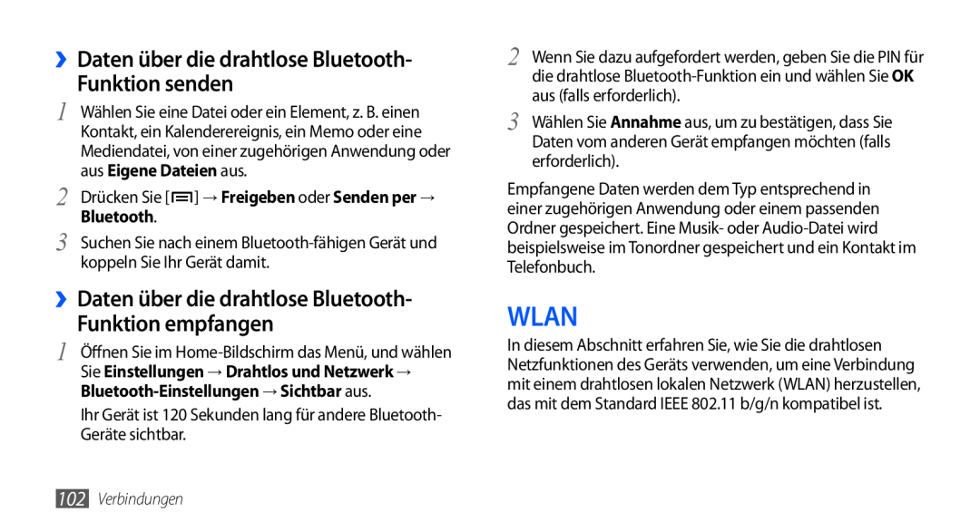 Samsung GT-I9000RWYATO Wlan, ››Daten über die drahtlose Bluetooth Funktion senden, aus Eigene Dateien aus, erforderlich 