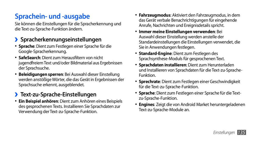Samsung GT-I9000HKYVIA manual Sprachein- und -ausgabe, ››Spracherkennungseinstellungen, ››Text-zu-Sprache-Einstellungen 