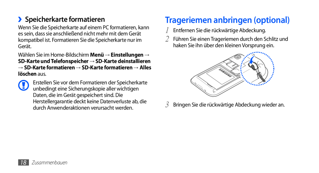 Samsung GT-I9000HKYDBT, GT-I9000HKYDRE manual Trageriemen anbringen optional, ››Speicherkarte formatieren, Zusammenbauen 