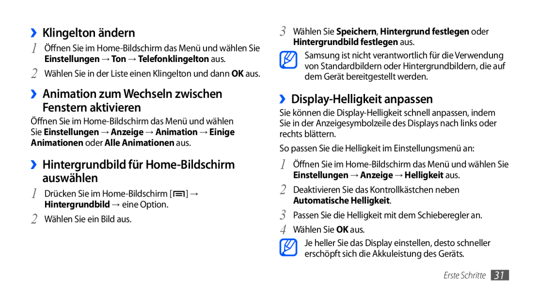 Samsung GT-I9000HKDDTM ››Klingelton ändern, ››Animation zum Wechseln zwischen Fenstern aktivieren, Automatische Helligkeit 