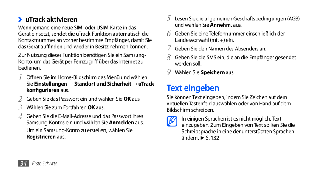Samsung GT-I9000HKYEUR manual Text eingeben, ››uTrack aktivieren, konfigurieren aus, Wählen Sie zum Fortfahren OK aus 