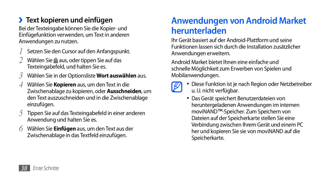 Samsung GT-I9000HKDEUR manual Anwendungen von Android Market herunterladen, ››Text kopieren und einfügen, einzufügen 