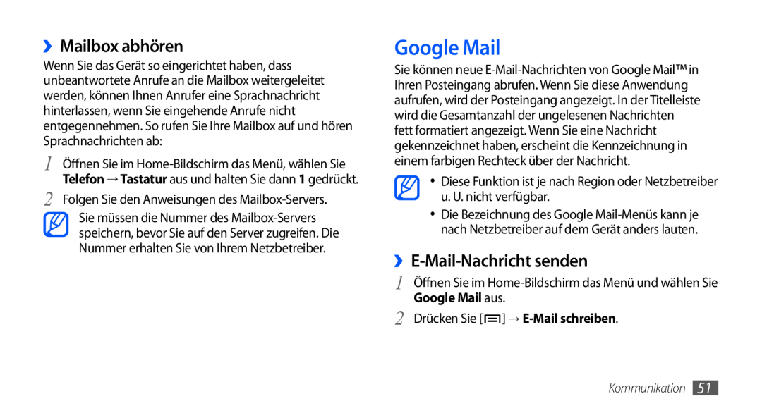 Samsung GT-I9000HKADTM manual ››Mailbox abhören, ››E-Mail-Nachricht senden, Google Mail aus, → E-Mail schreiben 