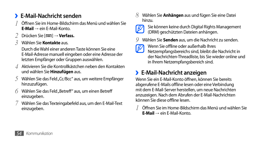 Samsung GT-I9000HKYEPL manual ››E-Mail-Nachricht anzeigen, E-Mail → ein E-Mail-Konto, → Verfass, ››E-Mail-Nachricht senden 