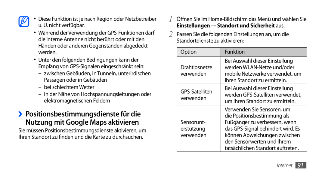 Samsung GT-I9000RWYVIA, GT-I9000HKYDRE manual ››Positionsbestimmungsdienste für die, Nutzung mit Google Maps aktivieren 