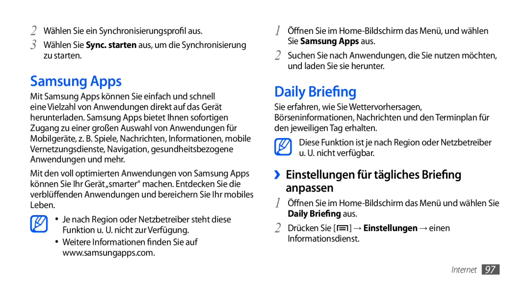 Samsung GT-I9000HKDVIA manual Samsung Apps, ››Einstellungen für tägliches Briefing anpassen, Daily Briefing aus 