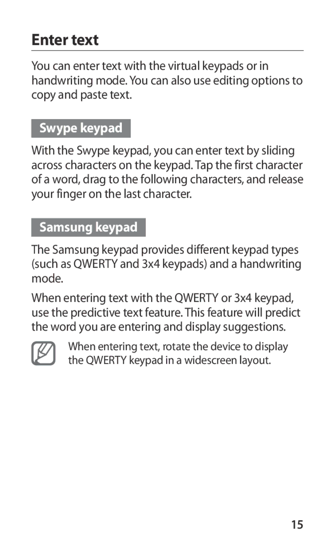 Samsung GT-I9000HKADTM, GT-I9000HKYDRE, GT-I9000RWYEUR, GT-I9000RWYVIA, GT-I9000HKYEUR manual Enter text, Swype keypad 