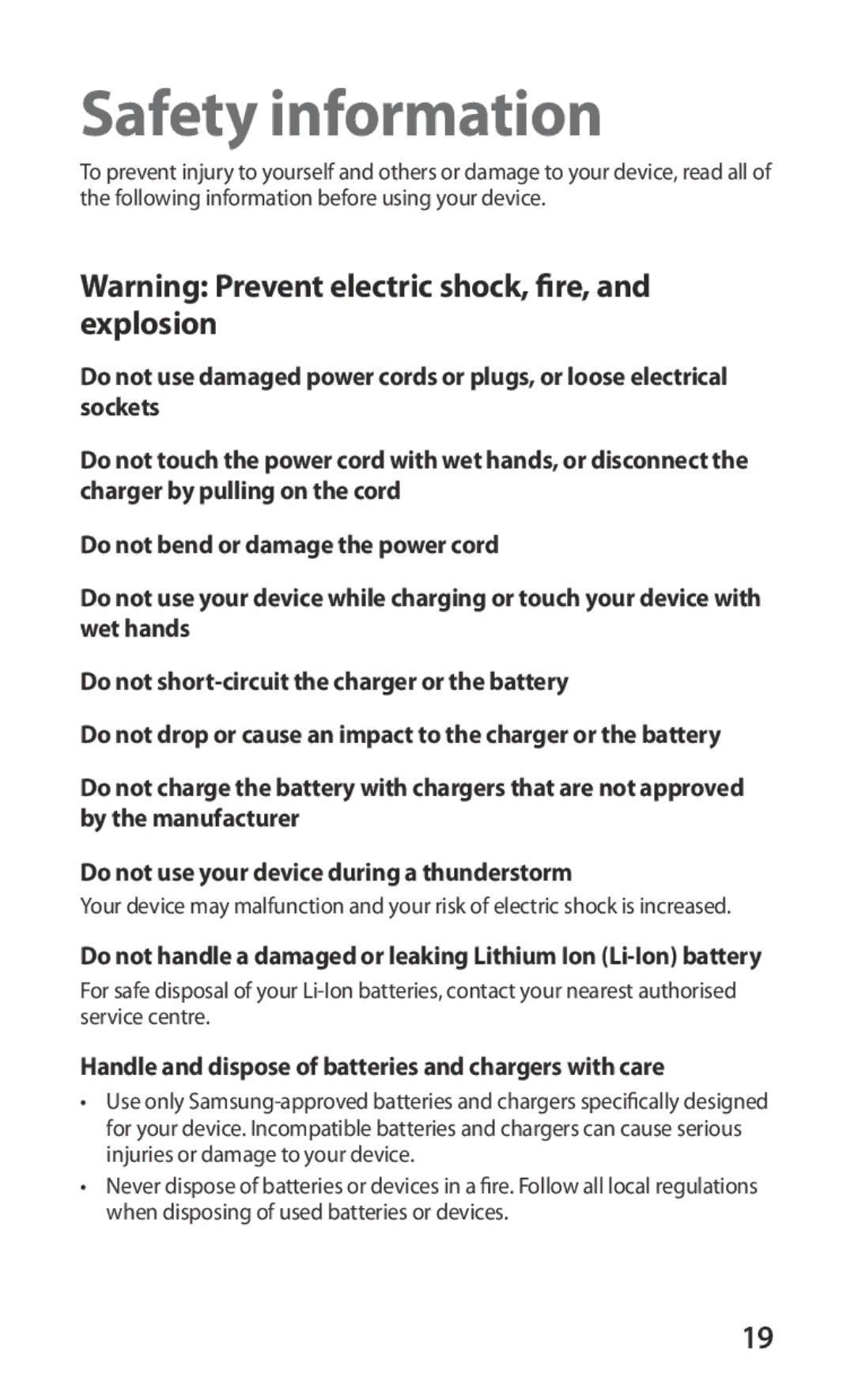 Samsung GT-I9000HKYATO, GT-I9000HKYDRE manual Safety information, Handle and dispose of batteries and chargers with care 