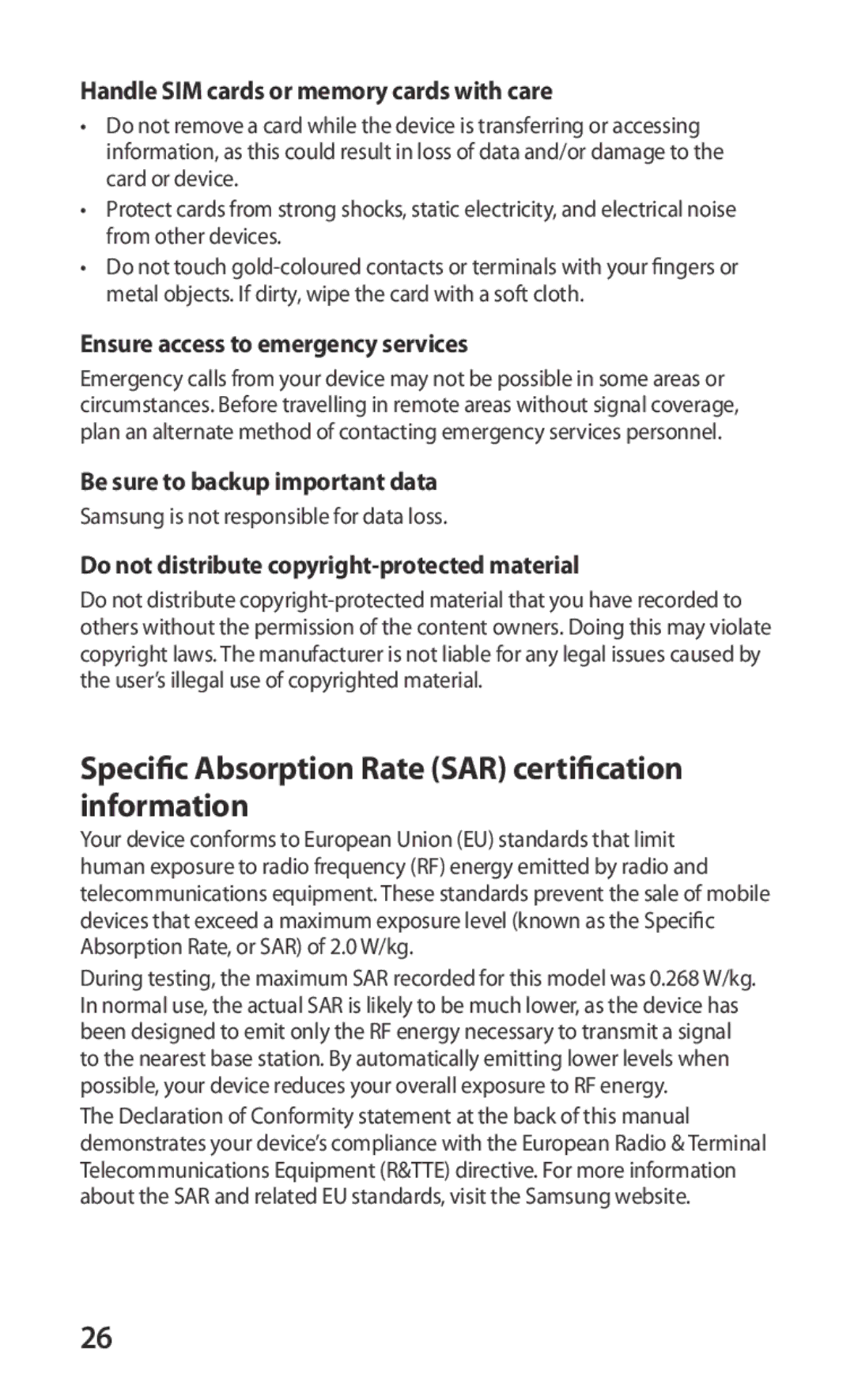 Samsung GT-I9000HKYFTM Specific Absorption Rate SAR certification information, Handle SIM cards or memory cards with care 