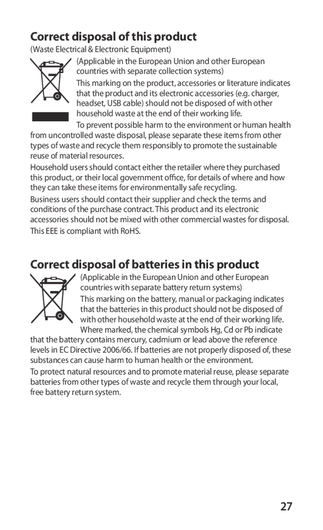 Samsung GT-I9000HKABOG, GT-I9000HKYDRE Correct disposal of this product, Correct disposal of batteries in this product 