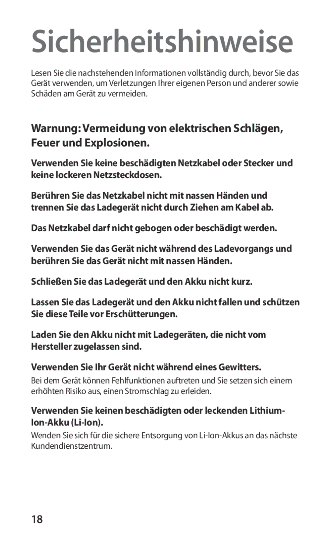 Samsung GT-I9000HKYEPL, GT-I9000HKYDRE manual Sicherheitshinweise, Das Netzkabel darf nicht gebogen oder beschädigt werden 