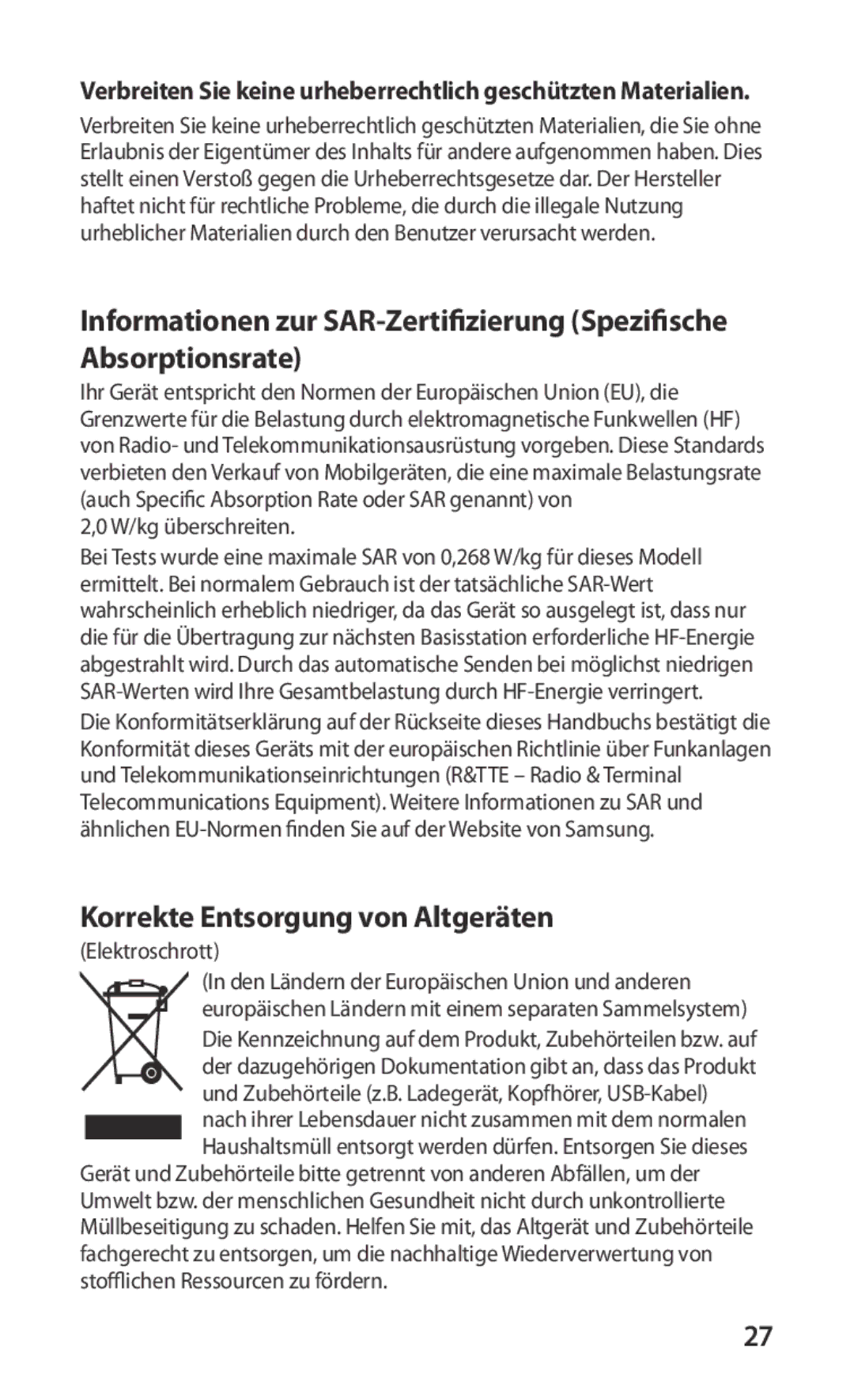 Samsung GT-I9000HKAVD2, GT-I9000HKYDRE, GT-I9000RWYEUR manual Korrekte Entsorgung von Altgeräten, W/kg überschreiten 