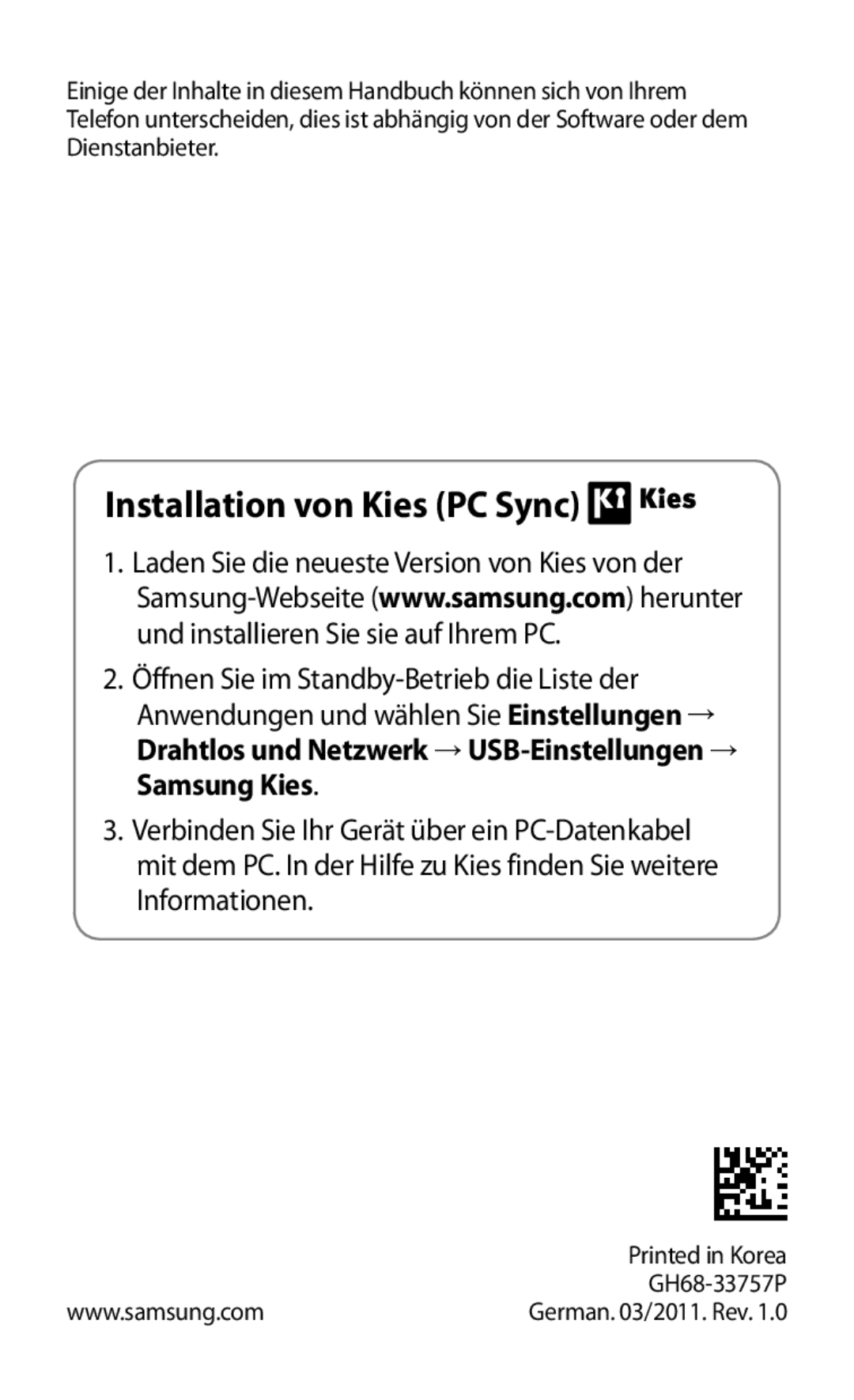 Samsung GT-I9000HKAEPL, GT-I9000HKYDRE, GT-I9000RWYEUR, GT-I9000RWYVIA, GT-I9000HKYEUR manual Installation von Kies PC Sync 