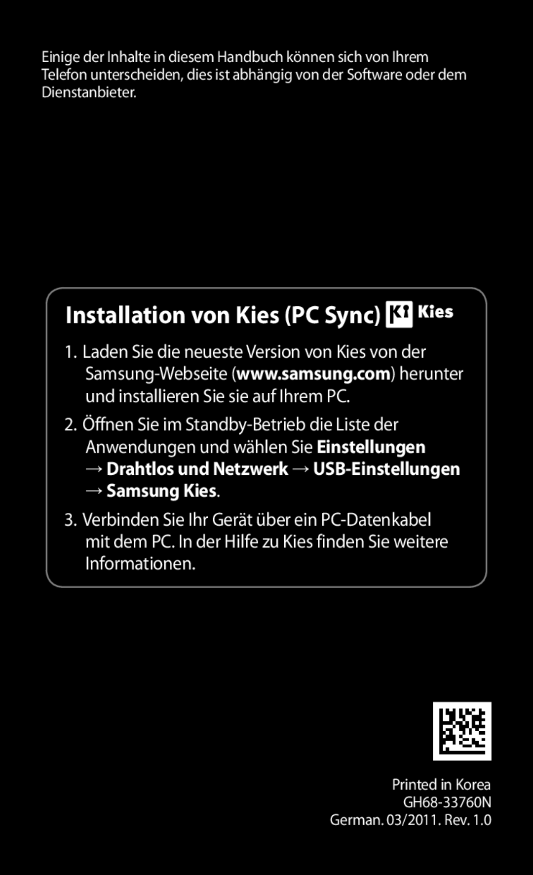 Samsung GT-I9000HKAEPL manual Installation von Kies PC Sync, → Samsung Kies, → Drahtlos und Netzwerk →USB-Einstellungen 