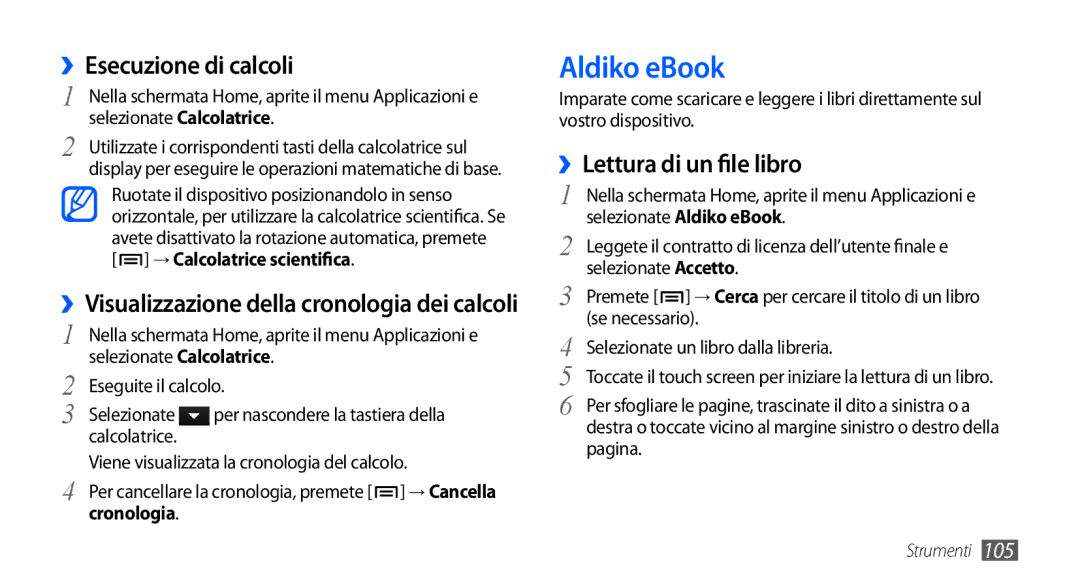 Samsung GT-I9000HKYXEF manual Aldiko eBook, ››Esecuzione di calcoli, ››Lettura di un file libro, → Calcolatrice scientifica 