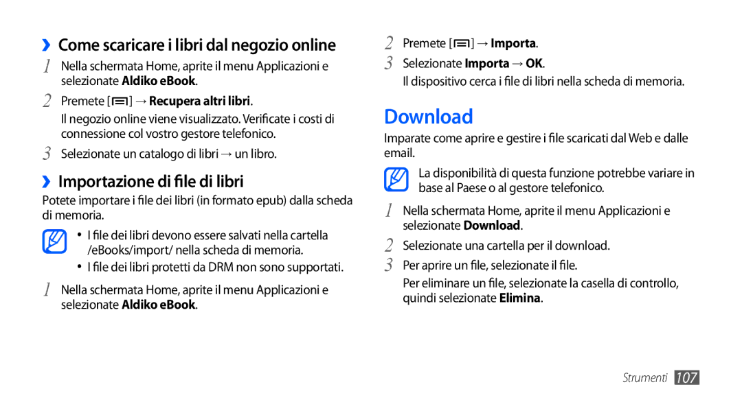 Samsung GT-I9000HKDVIP manual Download, ››Importazione di file di libri, ››Come scaricare i libri dal negozio online 