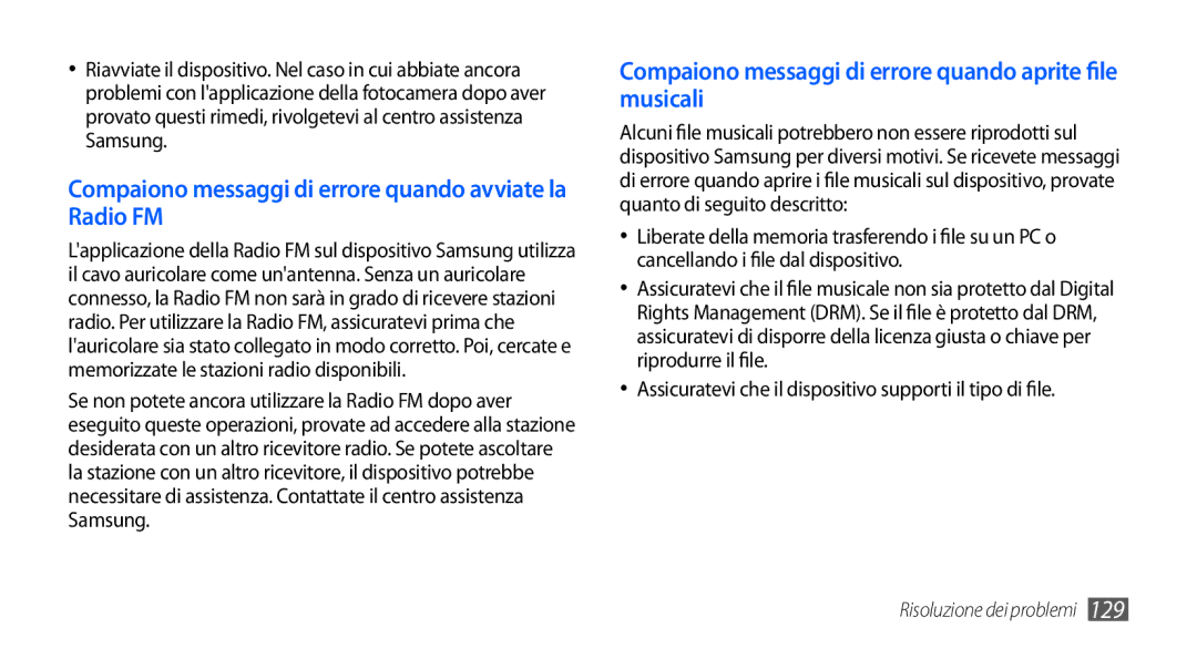 Samsung GT-I9000HKDWIN, GT-I9000HKYITV, GT-I9000HKYXEF manual Compaiono messaggi di errore quando avviate la Radio FM 