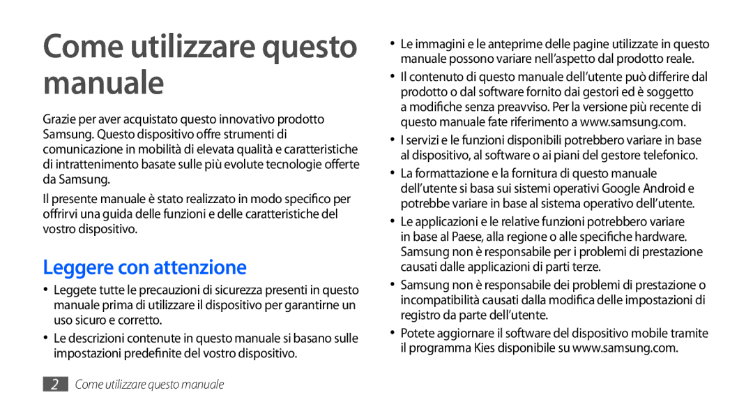 Samsung GT-I9000RWYOMN, GT-I9000HKYITV, GT-I9000HKYXEF Come utilizzare questo manuale, Leggere con attenzione 