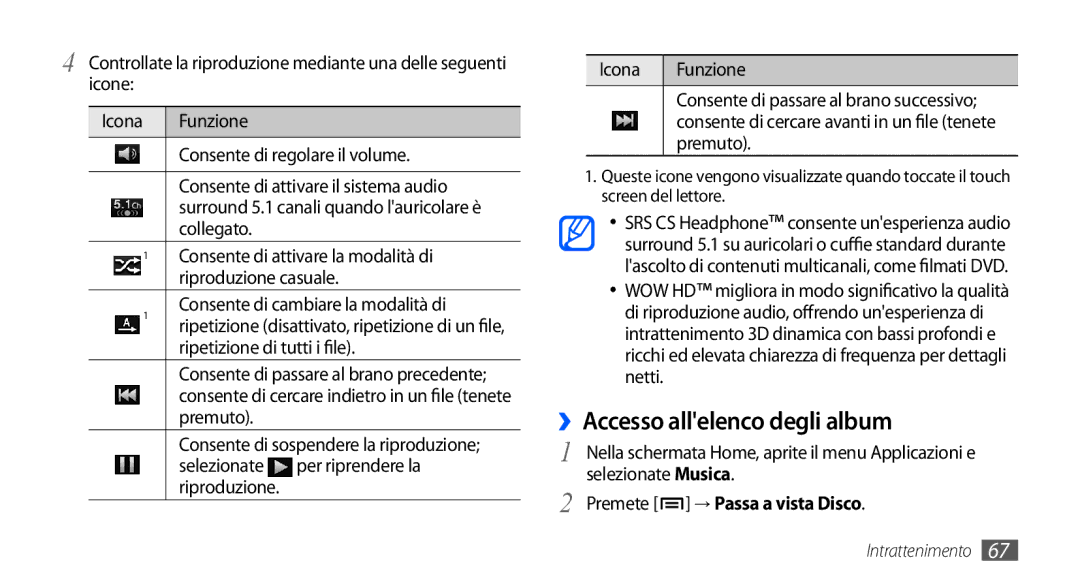 Samsung GT-I9000HKYFWB manual ››Accesso allelenco degli album, Ripetizione di tutti i file, Premete → Passa a vista Disco 