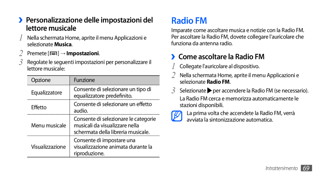 Samsung GT-I9000HKDHUI manual ››Come ascoltare la Radio FM, ››Personalizzazione delle impostazioni del lettore musicale 