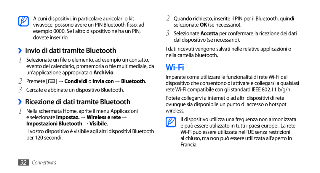 Samsung GT-I9000HKYOMN, GT-I9000HKYITV Wi-Fi, ››Invio di dati tramite Bluetooth, ››Ricezione di dati tramite Bluetooth 