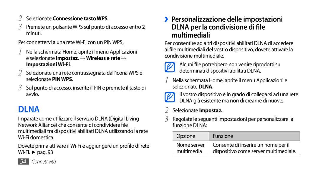 Samsung GT-I9000HKDXEU, GT-I9000HKYITV, GT-I9000HKYXEF, GT-I9000RWYOMN Selezionate Connessione tasto WPS, Impostazioni Wi-Fi 