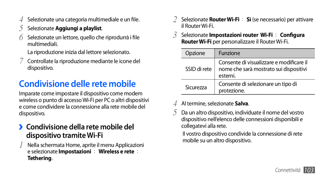 Samsung GT-I9000HKDWIN, GT-I9000HKYITV manual Condivisione delle rete mobile, Multimediali, Esterni, Sicurezza, Protezione 