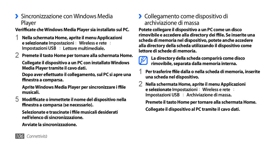 Samsung GT-I9000RWYOMN manual Player, ››Sincronizzazione con Windows Media, Impostazioni USB → Lettore multimediale 