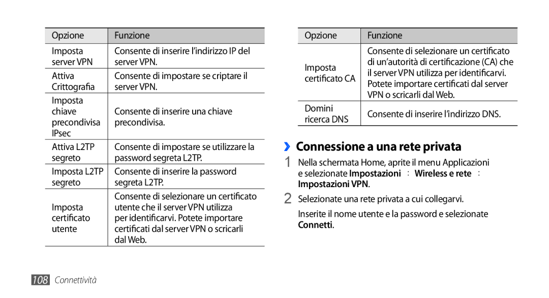 Samsung GT-I9000HKDITV, GT-I9000HKYITV, GT-I9000HKYXEF manual ››Connessione a una rete privata, Impostazioni VPN, Connetti 