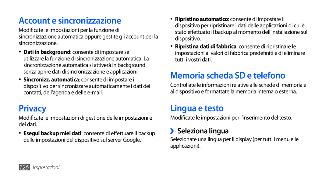 Samsung GT-I9000HKDOMN, GT-I9000HKYITV Account e sincronizzazione, Privacy, Memoria scheda SD e telefono, Lingua e testo 