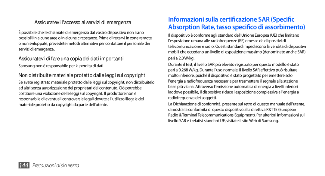 Samsung GT-I9000HKYOMN, GT-I9000HKYITV, GT-I9000HKYXEF, GT-I9000RWYOMN manual Assicuratevi laccesso ai servizi di emergenza 