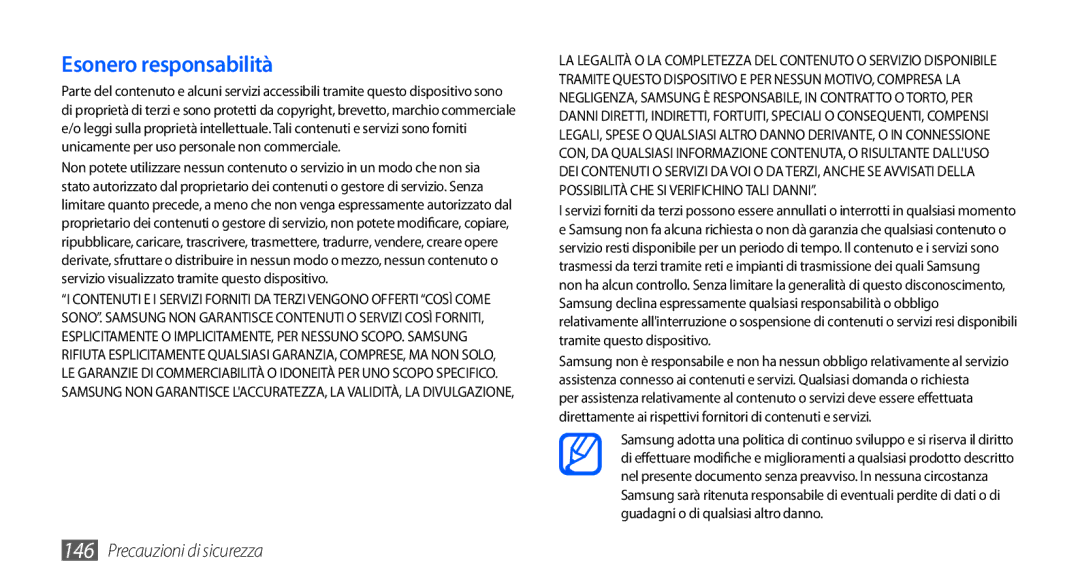 Samsung GT-I9000HKDXEU, GT-I9000HKYITV, GT-I9000HKYXEF, GT-I9000RWYOMN, GT-I9000HKDVIP, GT-I9000HKDITV Esonero responsabilità 