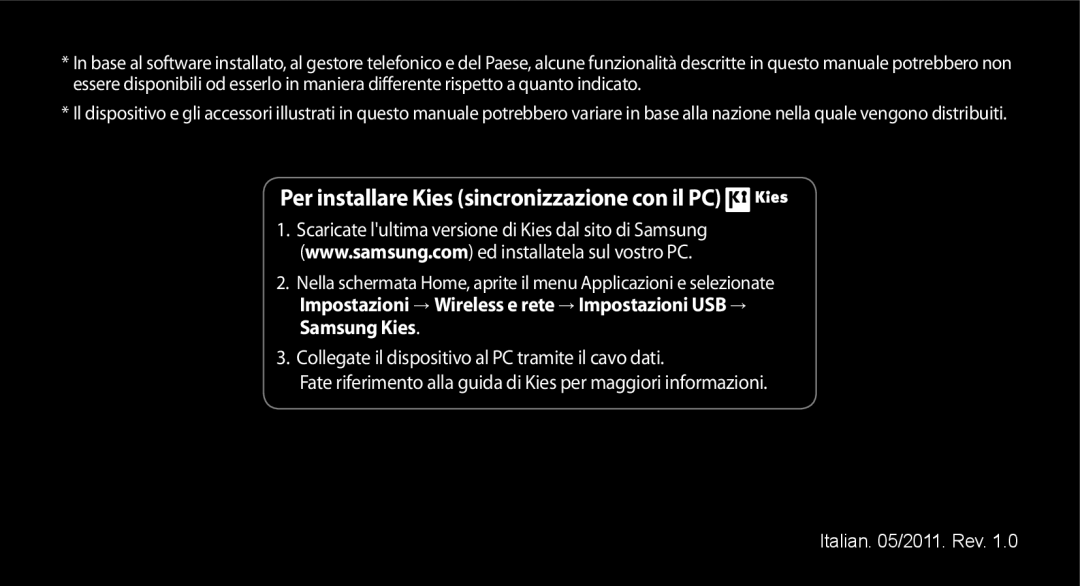 Samsung GT-I9000HKYWIN, GT-I9000HKYITV, GT-I9000HKYXEF, GT-I9000RWYOMN manual Per installare Kies sincronizzazione con il PC 