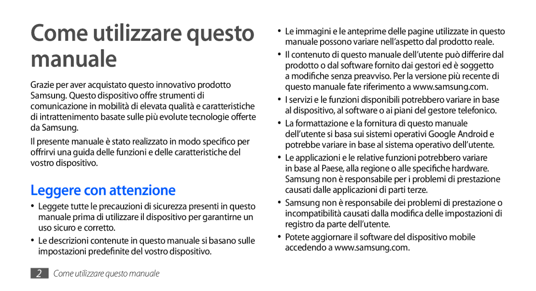 Samsung GT-I9000RWYOMN, GT-I9000HKYITV, GT-I9000HKYXEF Come utilizzare questo manuale, Leggere con attenzione 