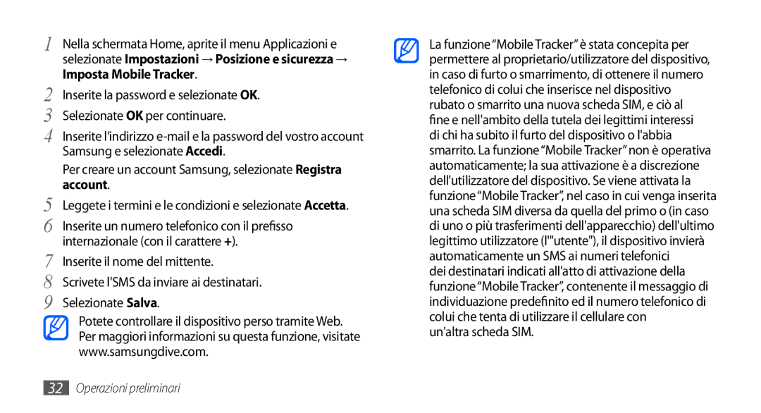 Samsung GT-I9000HKDSWC, GT-I9000HKYITV, GT-I9000HKYXEF, GT-I9000RWYOMN, GT-I9000HKDVIP manual Imposta Mobile Tracker, Account 