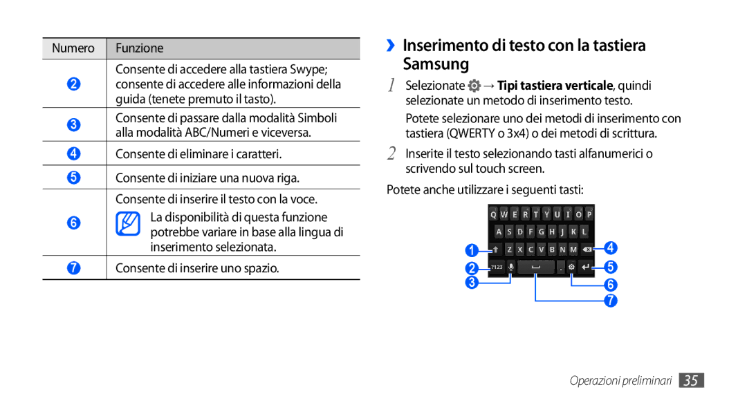 Samsung GT-I9000HKAITV manual ››Inserimento di testo con la tastiera Samsung, Selezionate → Tipi tastiera verticale, quindi 