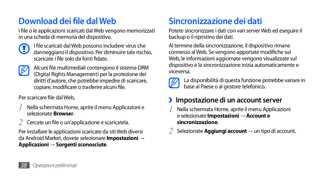 Samsung GT-I9000RWYTIM manual Download dei file dal Web, Sincronizzazione dei dati, ››Impostazione di un account server 