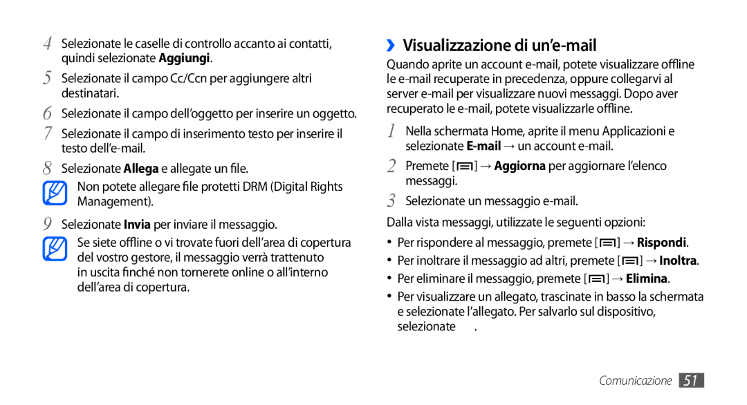 Samsung GT-I9000HKDWIN, GT-I9000HKYITV ››Visualizzazione di un’e-mail, Selezionate E-mail→ un account e-mail, Messaggi 