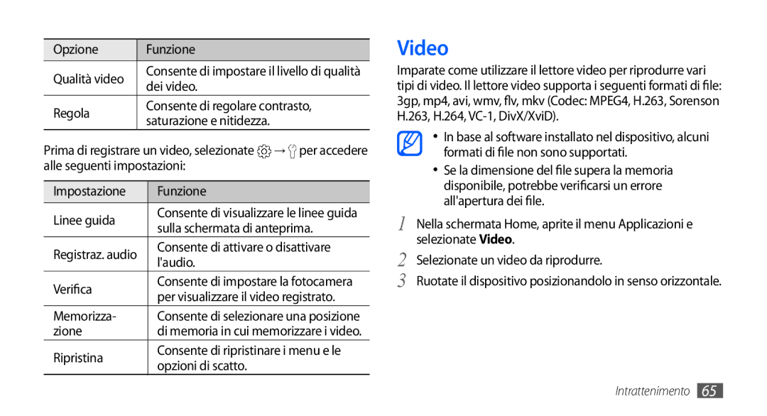 Samsung GT-I9000HKYVOM, GT-I9000HKYITV manual Video, Dei video Regola Consente di regolare contrasto, Laudio Verifica 