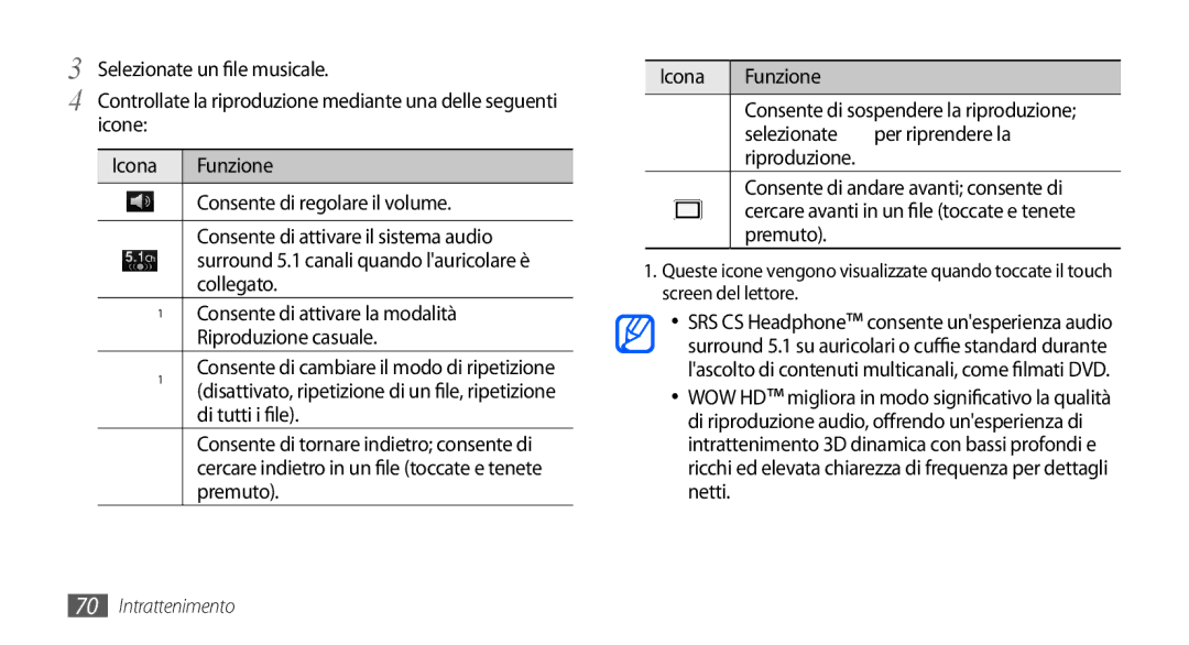 Samsung GT-I9000HKATWM manual Selezionate un file musicale, Icone Icona Funzione Consente di regolare il volume, Collegato 