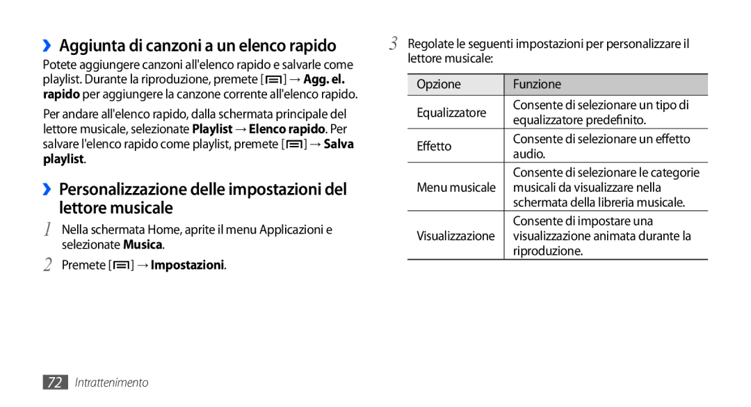 Samsung GT-I9000RWYITV, GT-I9000HKYITV, GT-I9000HKYXEF Lettore musicale, ››Aggiunta di canzoni a un elenco rapido, Playlist 