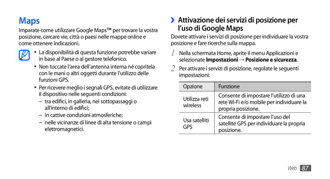 Samsung GT-I9000HKAITV, GT-I9000HKYITV manual Maps, Wireless, Propria posizione, Consente di impostare l’uso del, Posizione 